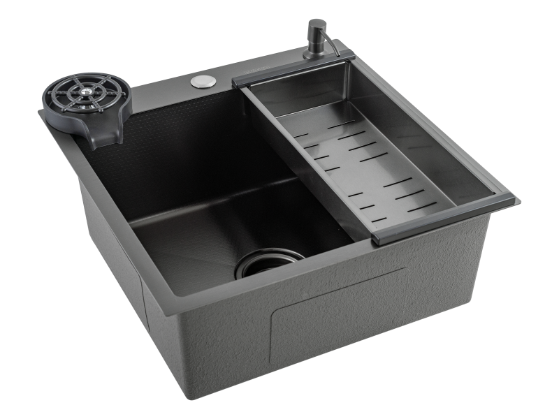 Кухонная мойка FUTUR FK 5050 Eco EMBOSSING POP-UP RINZER PLUS (9554524) с сифоном, коландером, дозатором и ринзером   500х500х200  графит